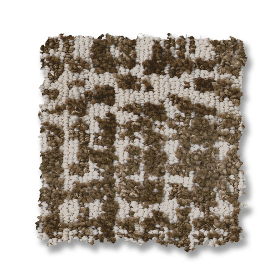 The Batique On Trend Carpet features a square swatch of textured woven fabric with a mottled brown and white look. Its mix of looped and tufted fibers creates an abstract, organic pattern with slightly uneven edges.