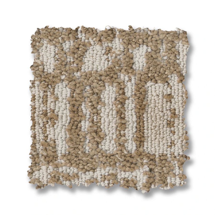 The Batique On Trend Carpet swatch displays a looped, abstract geometric pattern in beige and off-white on a white background.