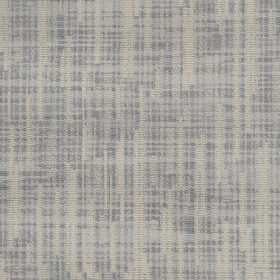 Blurred Lines On Trend Carpet features a woven texture in light gray and beige, with intersecting vertical and horizontal lines for a subtle plaid effect—perfect for photography-inspired rug designs.