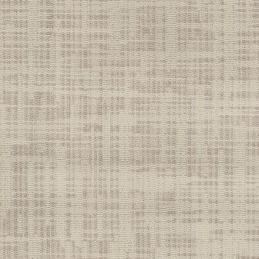 A close-up of Blurred Lines On Trend Carpet shows a textured beige fabric with a subtle plaid woven pattern, featuring intersecting horizontal and vertical lines in various shades of brown and tan.