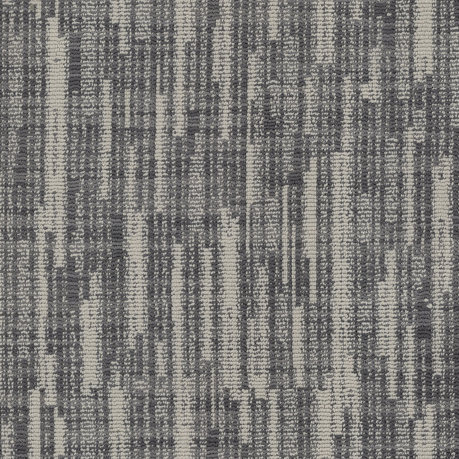 Blurred Lines On Trend Carpet features a gray and white abstract linear design with varied vertical and horizontal lines, crafted from durable EnVision Nylon for lasting style.