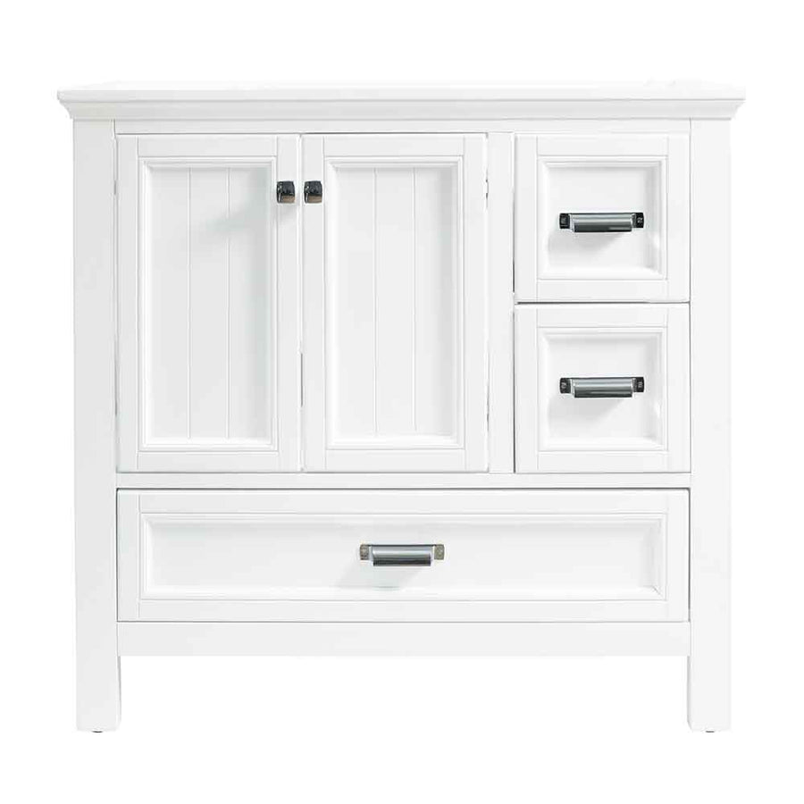The Brantley 36" Vanity, part of the Brantley Collection, offers farmhouse style with soft close left doors, two upper right drawers, one large bottom drawer, and black metal handles.