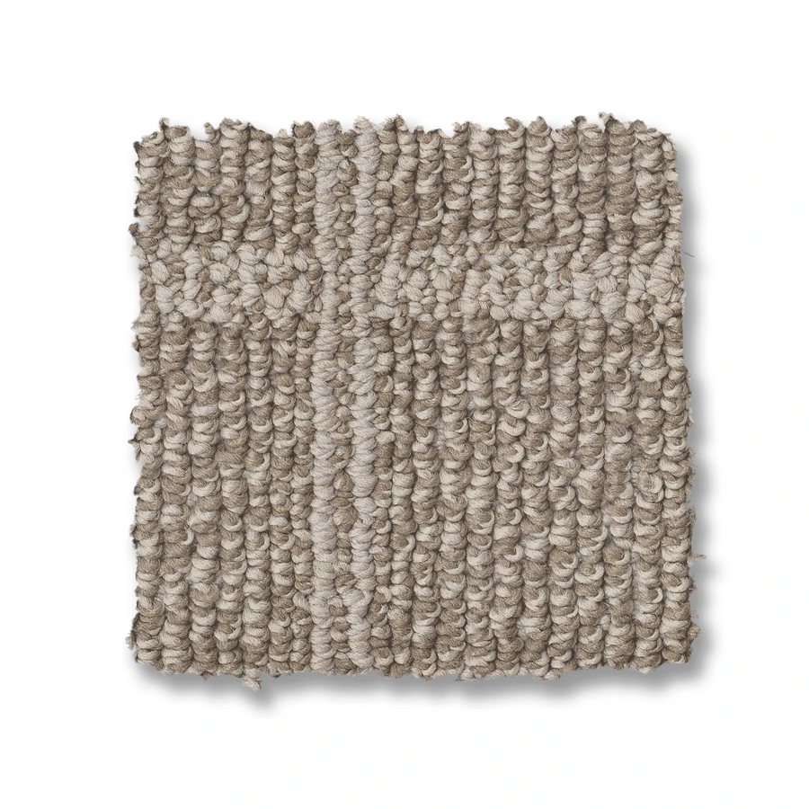 A square sample of Breeze Block Berber Carpet in textured, looped beige fibers with a subtle windowpane pattern is shown against a white background.