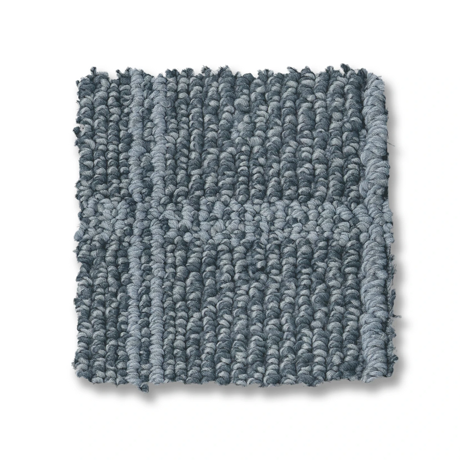 A square swatch of Breeze Block Berber Carpet in luxury blue-gray, featuring a subtle striped windowpane pattern, displayed on a white background.