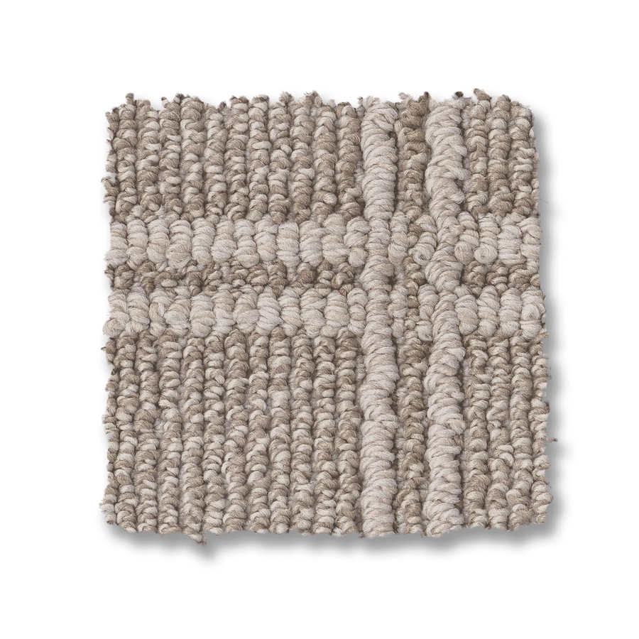 A square swatch of Breeze Block Berber Carpet in beige and taupe, featuring a subtle windowpane pattern with raised and lower textures, displayed on a white background.