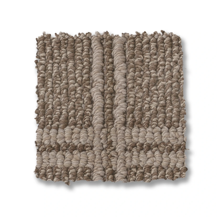 A square swatch of Breeze Block Berber Carpet in beige and taupe shows a looped, textured windowpane pattern, displayed on a white background.