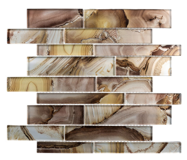 The Magical Forest Random Brick Mosaic Glass Tile features earthy brown, beige, cream, and white tones in a staggered brick mosaic with elegant marbled swirls and a glossy finish.