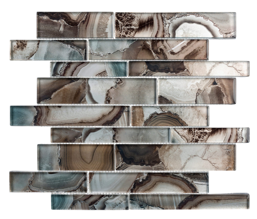 The Magical Forest Random Brick Mosaic Glass Tile features glossy, polished rectangular pieces in brown, gray, cream, and white with a natural stone pattern, arranged in a staggered brick mosaic layout for an earthy look.
