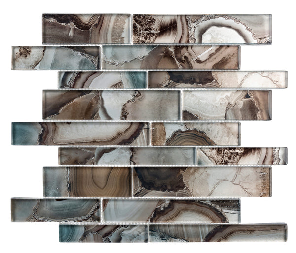 The Magical Forest Random Brick Mosaic Glass Tile features glossy, polished rectangular pieces in brown, gray, cream, and white with a natural stone pattern, arranged in a staggered brick mosaic layout for an earthy look.