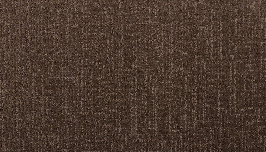 A close-up of the Delicate Features Family Friendly Carpet shows its textured brown surface with a soft, slightly reflective finish and a subtle geometric pattern. This carpet is exceptionally stain resistant for lasting family-friendly durability.