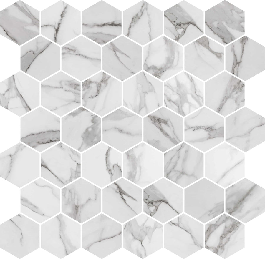 Buckingham Palace 2" Hexagon Mosaic Tile features matte porcelain with gray marble veining in a modern white and gray honeycomb pattern, creating a geometric and elegant marble look.