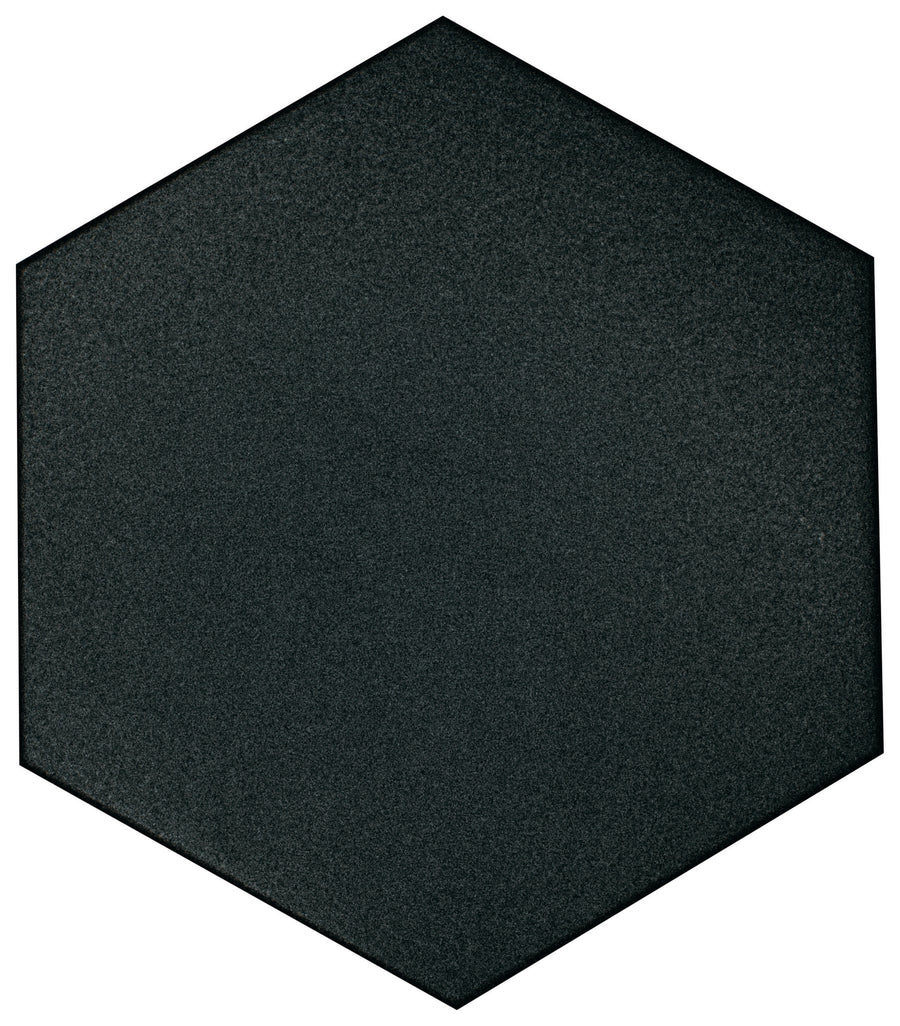 The Watercolor 8x9 Hexagon Matte Ceramic Tile, in solid black with a subtle textured finish, is displayed against a white background to highlight its geometric elegance.