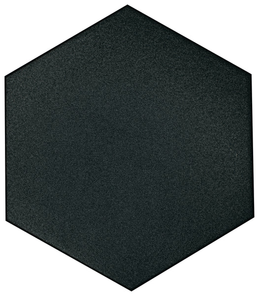 The Watercolor 8x9 Hexagon Matte Ceramic Tile, in solid black with a subtle textured finish, is displayed against a white background to highlight its geometric elegance.