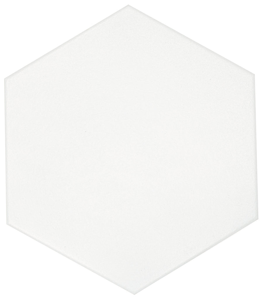 The Watercolor 8x9 Hexagon Matte Ceramic Tile features clean, straight edges and a plain white finish, making it ideal for adding a modern look to any geometric shapes collection.