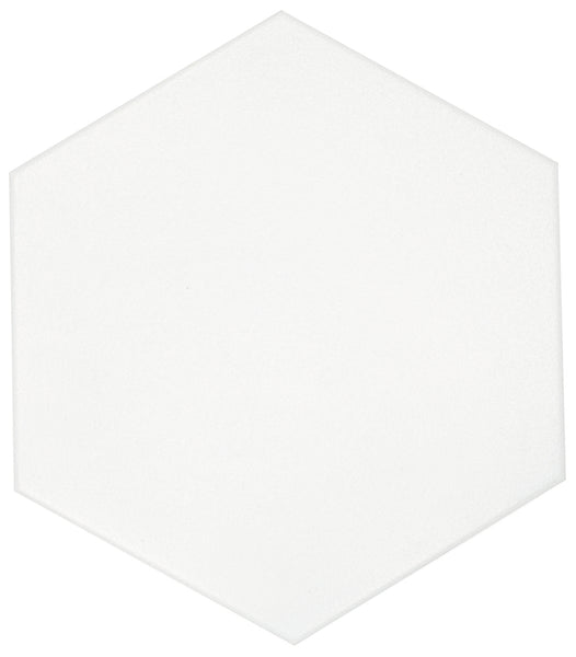 The Watercolor 8x9 Hexagon Matte Ceramic Tile features clean, straight edges and a plain white finish, making it ideal for adding a modern look to any geometric shapes collection.