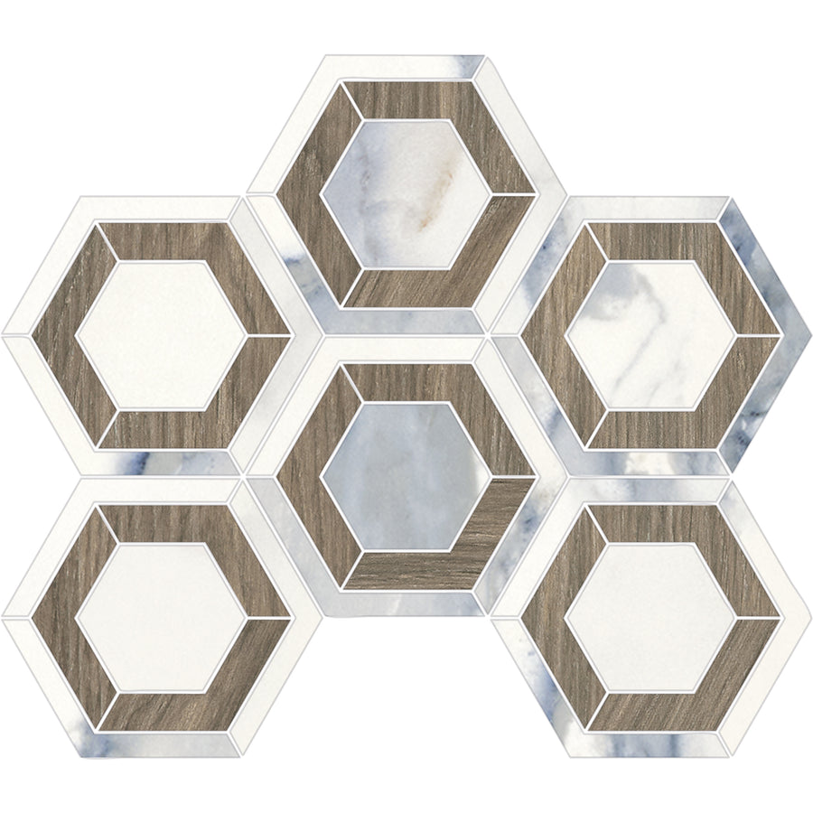 The Corsica Evo Hex Mosaic Porcelain Tile features a geometric hexagonal pattern with alternating marble and wood textures, white outlines, and layered mosaic design for a modern look.