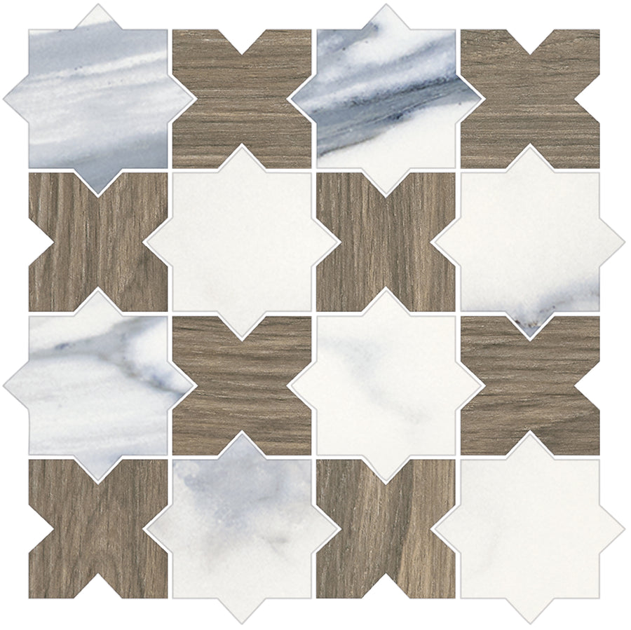 Create a unique home décor look with Corsica Star & Cross Mosaic Porcelain Tile, featuring alternating star-shaped white and gray tiles with wood-textured squares in a stylish grid pattern.
