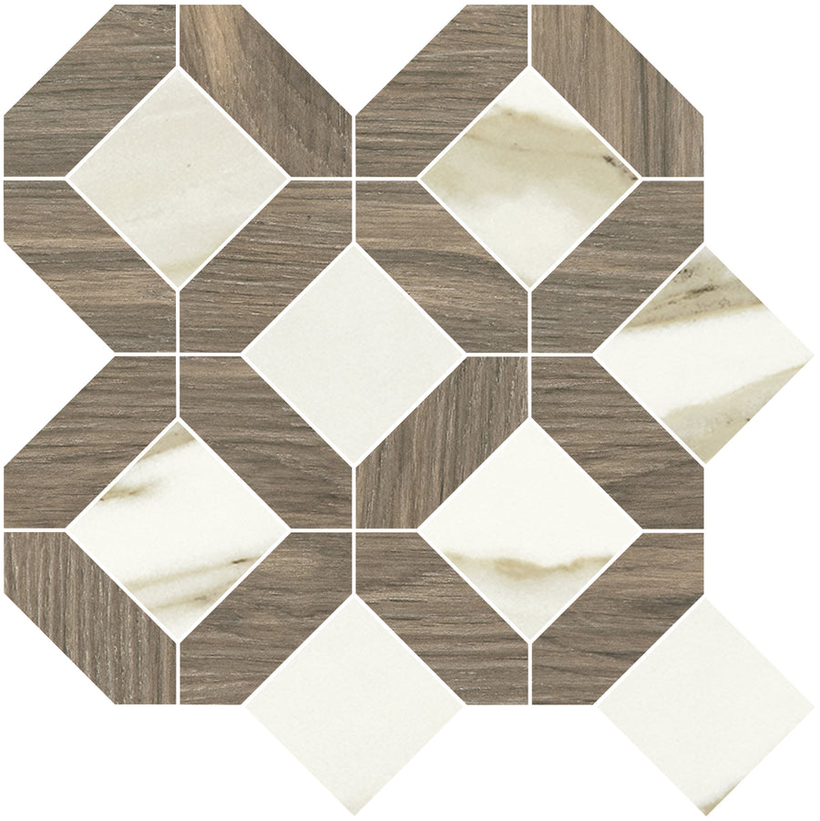 Geometric tile pattern with alternating wood and marble-textured diamonds plus small white squares on white, ideal for a Corsica Lux Mosaic Porcelain Tile look.