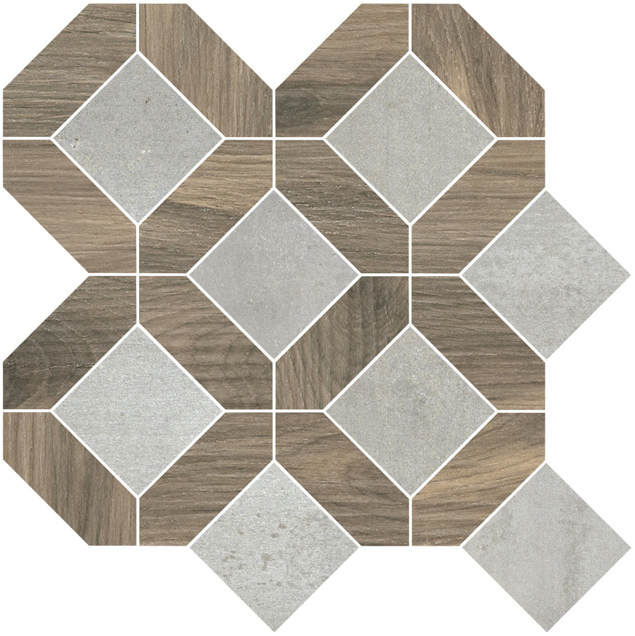 The Corsica Lux Mosaic Porcelain Tile features alternating wood-textured and gray stone-look diamond shapes, bordered by matching trapezoid and square tiles in a symmetrical, interlocking design made of durable porcelain.