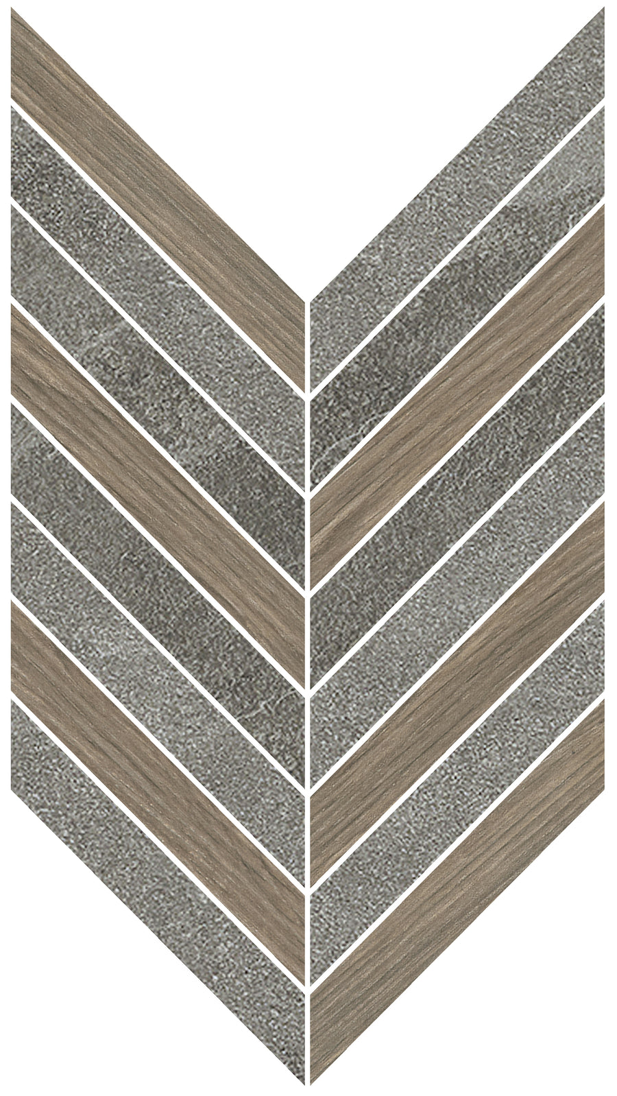 The Corsica Chevron Mosaic Porcelain Tile features alternating textured gray and smooth brown planks in a V-shaped chevron pattern, ideal for bringing natural tones to your home décor.