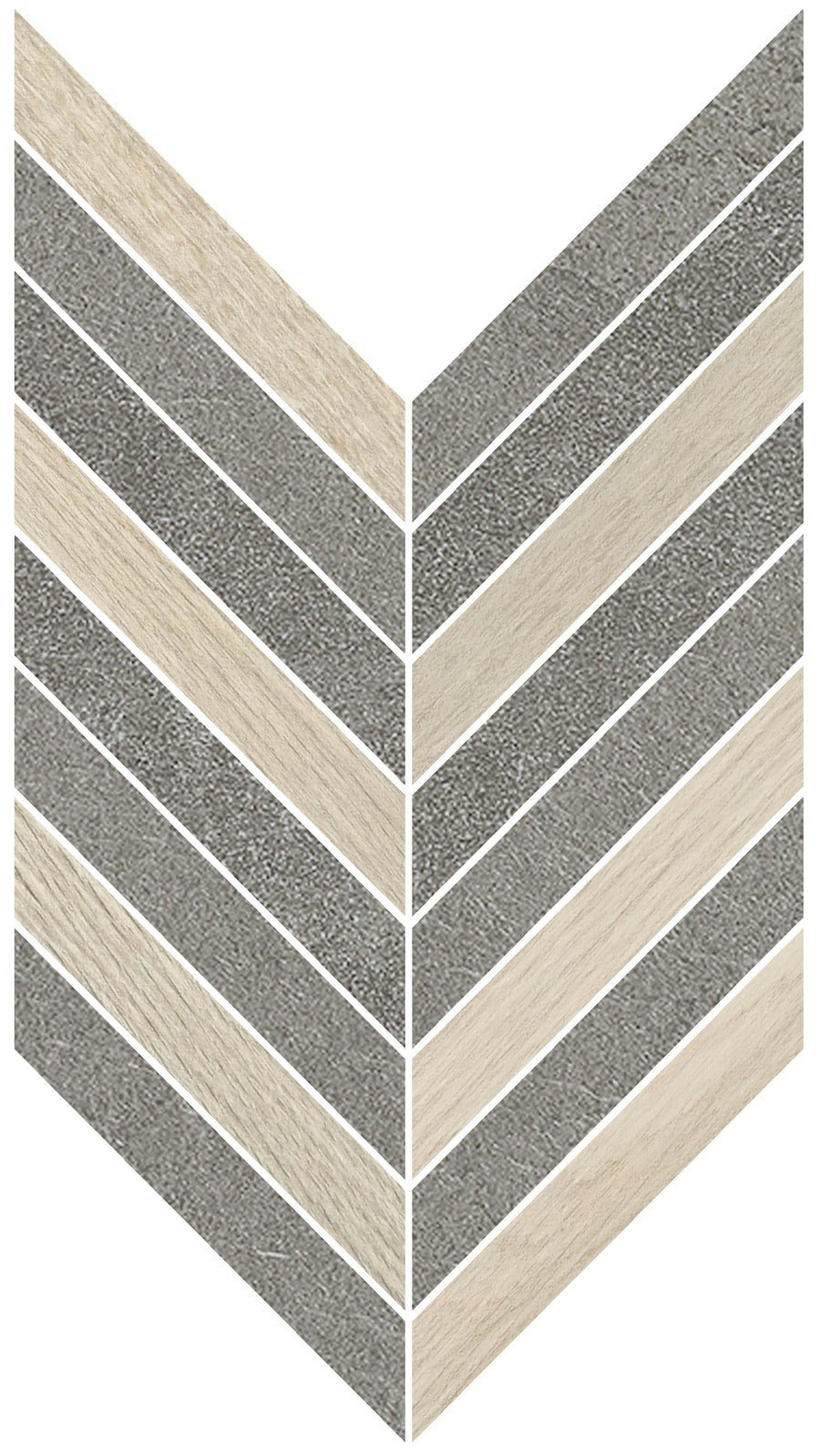 A geometric chevron (V-shaped) pattern contrasts textured gray and light wood tones, making Corsica Chevron Mosaic Porcelain Tile a stylish choice for modern décor on a crisp white background.