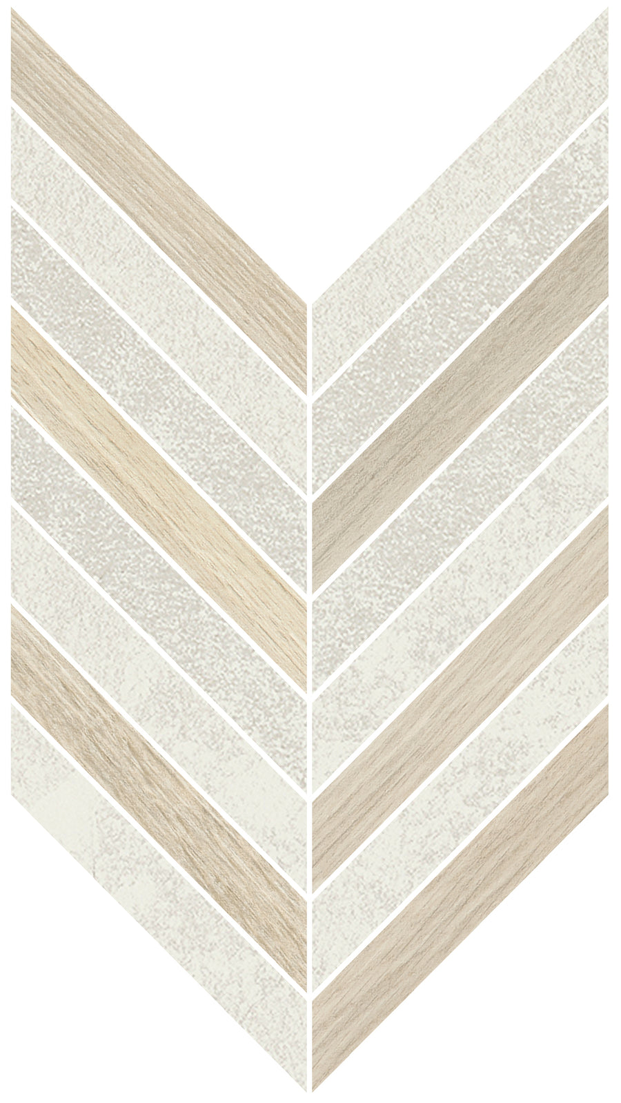 Featuring alternating textured and smooth beige, cream, and light wood tones, the Corsica Chevron Mosaic Porcelain Tile creates a bold V pattern on a white background—ideal for infusing natural hues into your home décor.