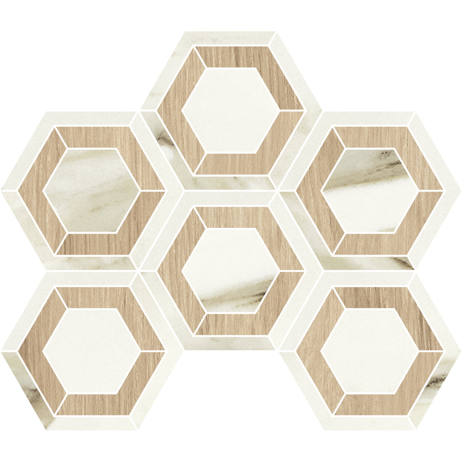 Six Corsica Evo Hex Mosaic Porcelain Tiles in beige and white, featuring double outlines and a blend of wood and marble textures, are arranged in a honeycomb pattern on a white background.