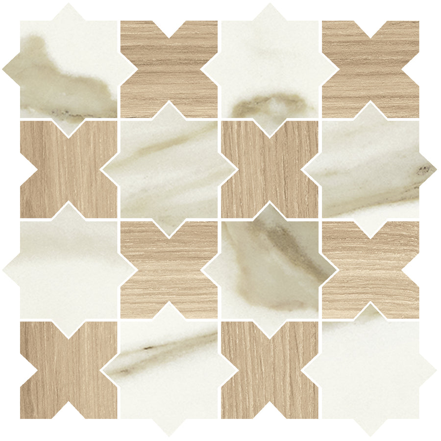 The Corsica Star & Cross Mosaic Porcelain Tile showcases a striking pattern of alternating wood-textured and cream tiles with beige and brown veining, ideal for enhancing any home décor.