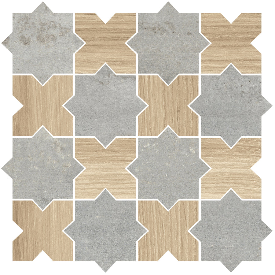 The Corsica Star & Cross Mosaic Porcelain Tile features alternating wood-textured squares and gray stone stars in a grid with white grout, adding a stylish touch to any space.