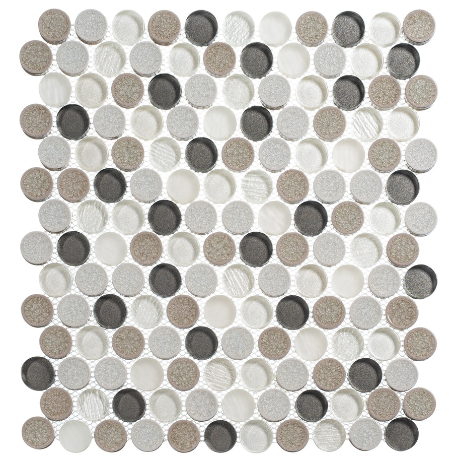 The Ceremonial Natural Stone and Glass Mosaic tile sheet features small, round mosaic tiles in white, silver, gray, and taupe finishes, all arranged in a classic grid on a white background.