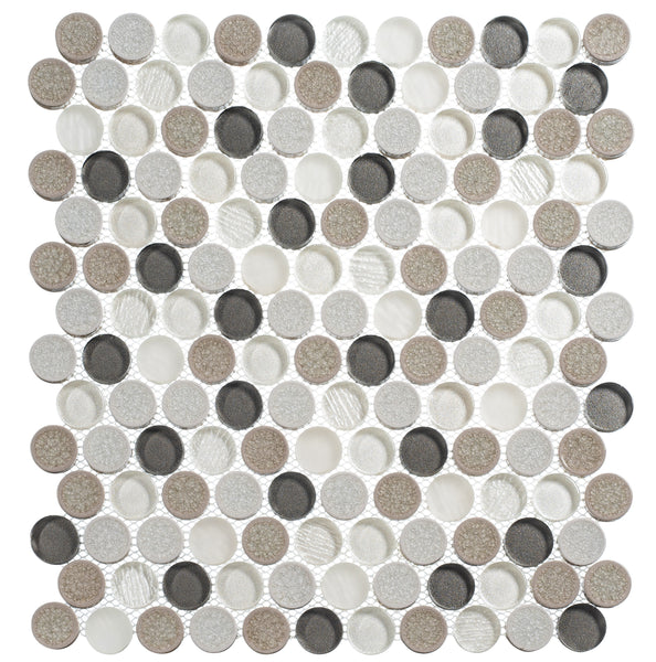 The Ceremonial Natural Stone and Glass Mosaic tile sheet features small, round mosaic tiles in white, silver, gray, and taupe finishes, all arranged in a classic grid on a white background.