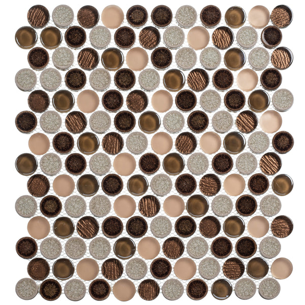 The Ceremonial Natural Stone and Glass Mosaic tile sheet showcases penny tiles in brown, cream, and beige with smooth, glossy, and textured finishes arranged in a neat grid.
