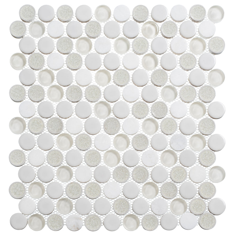 The Ceremonial Natural Stone and Glass Mosaic combines white and grey tones with varied finishes for a subtle, classic look—ideal for creating timeless interiors.