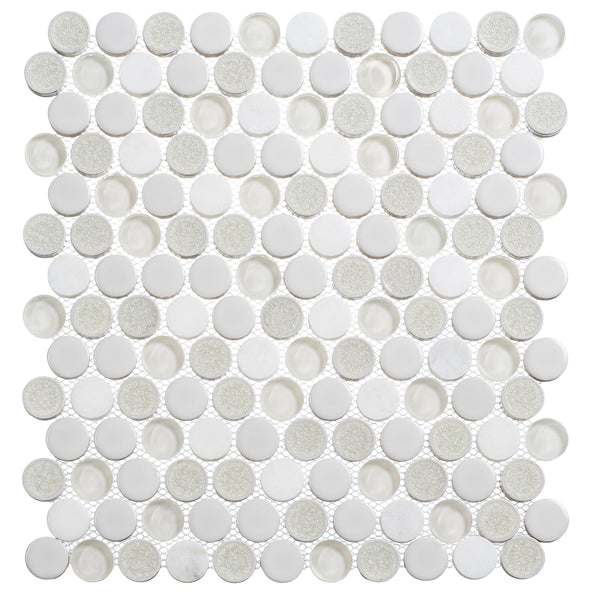 The Ceremonial Natural Stone and Glass Mosaic combines white and grey tones with varied finishes for a subtle, classic look—ideal for creating timeless interiors.
