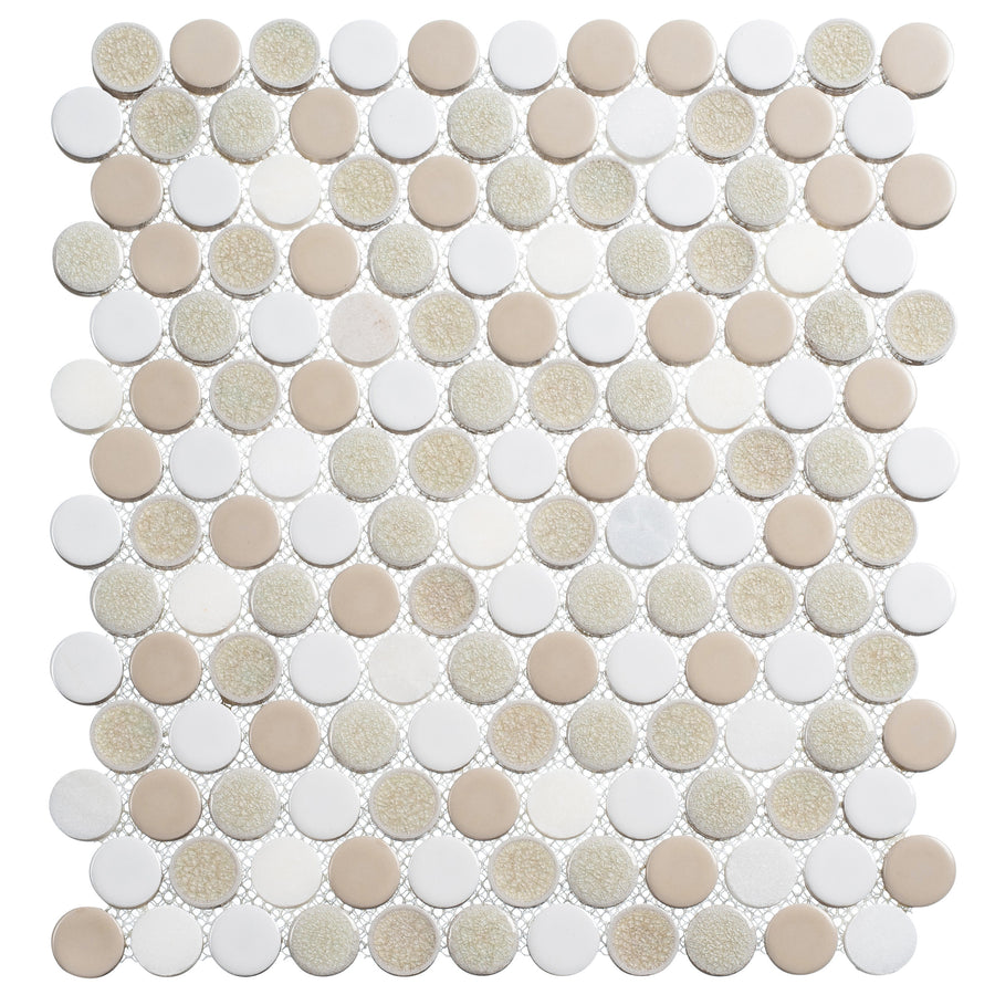 The Ceremonial Natural Stone and Glass Mosaic is a square tile sheet with round beige, white, and off-white mosaic tiles in glossy and textured finishes. Arranged in a classic penny tile pattern, the tiles are grid-spaced with visible grout lines.