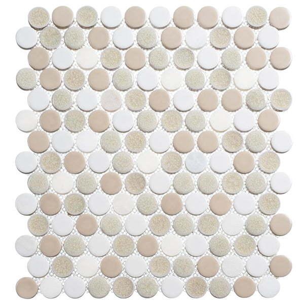 The Ceremonial Natural Stone and Glass Mosaic is a square tile sheet with round beige, white, and off-white mosaic tiles in glossy and textured finishes. Arranged in a classic penny tile pattern, the tiles are grid-spaced with visible grout lines.