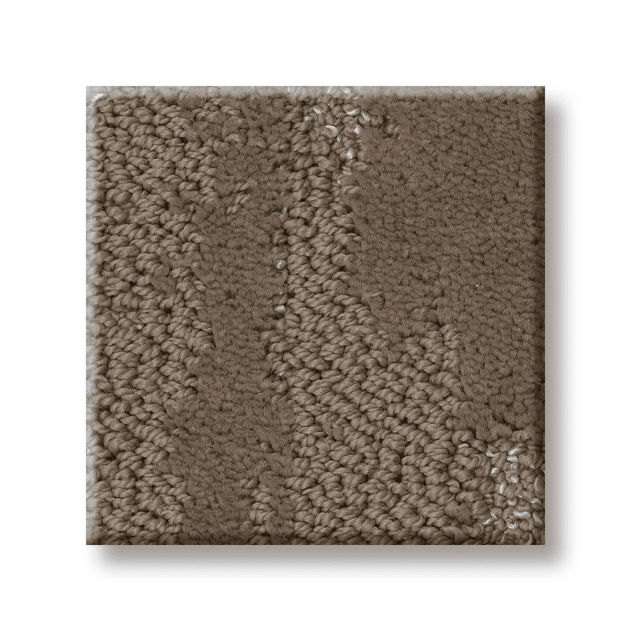 A square swatch of Tranquil Spirit Pet Friendly Carpet in textured brown, featuring looped and cut fibers for a subtle striped look. The carpet sample is displayed on a white background.