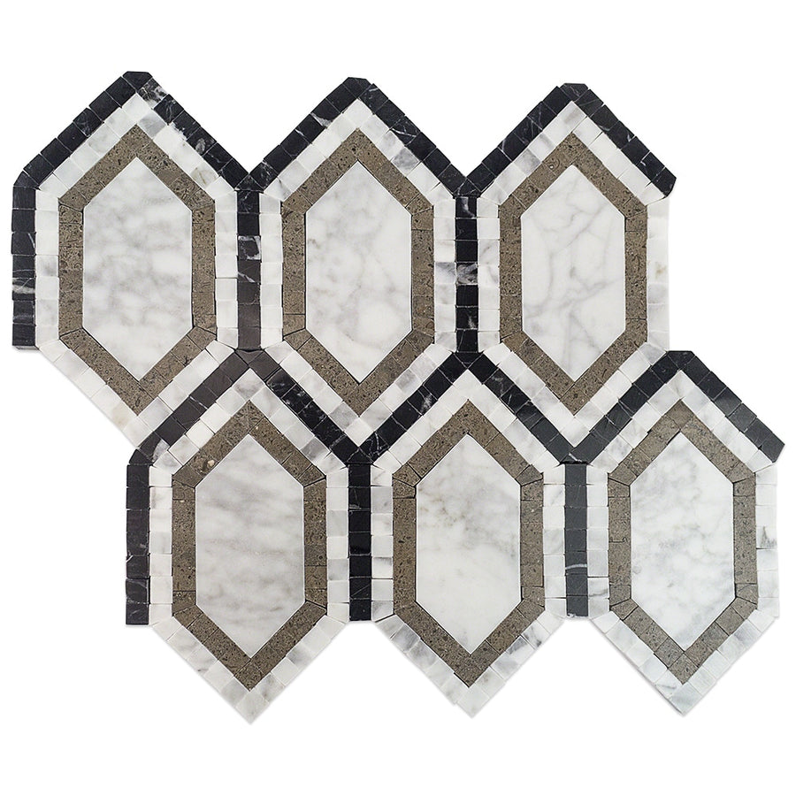 The New Era Long Hex Mosaic features interlocking hexagons with white marble centers, thin brown borders, and bold black edges. This handcrafted marble mosaic adds versatile design options to any space.