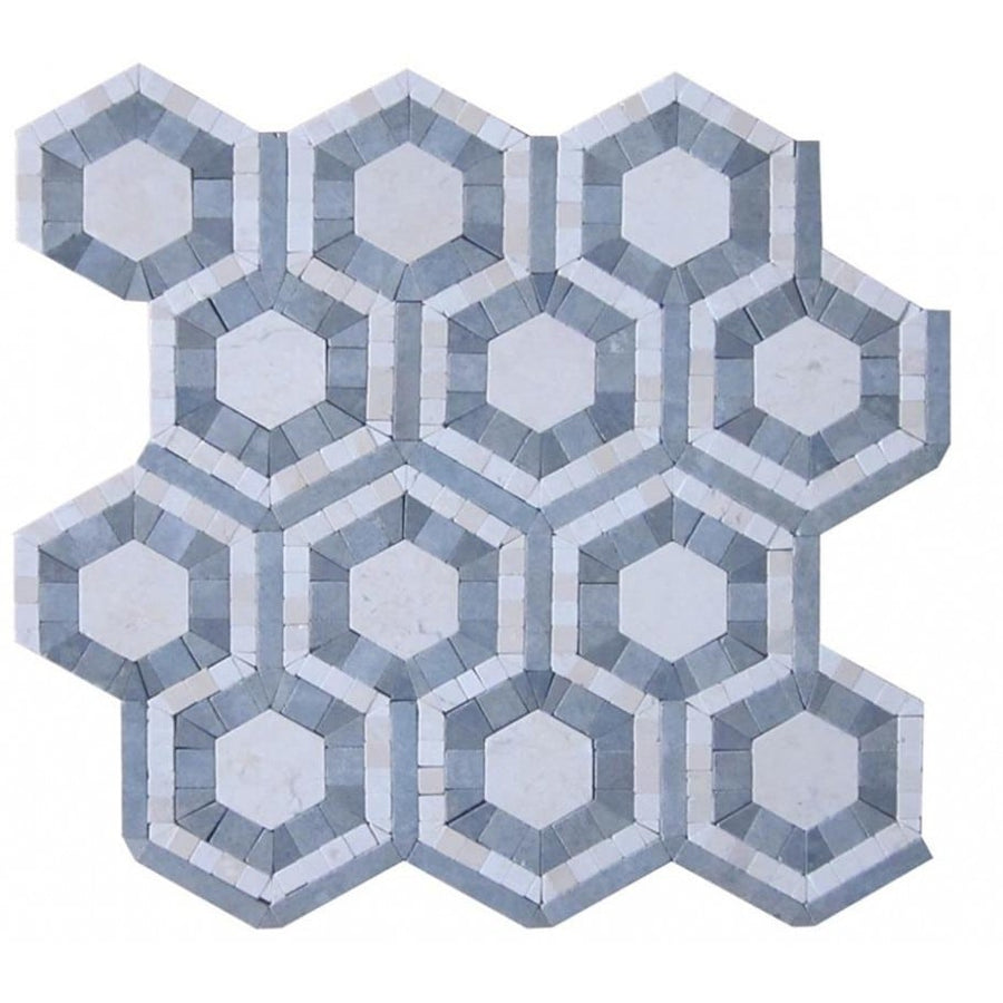 The EVO Hex Stone Mosaic features interlocking hexagons and octagons in white and light gray, creating a modern, three-dimensional optical illusion—ideal for a stylish kitchen backsplash.