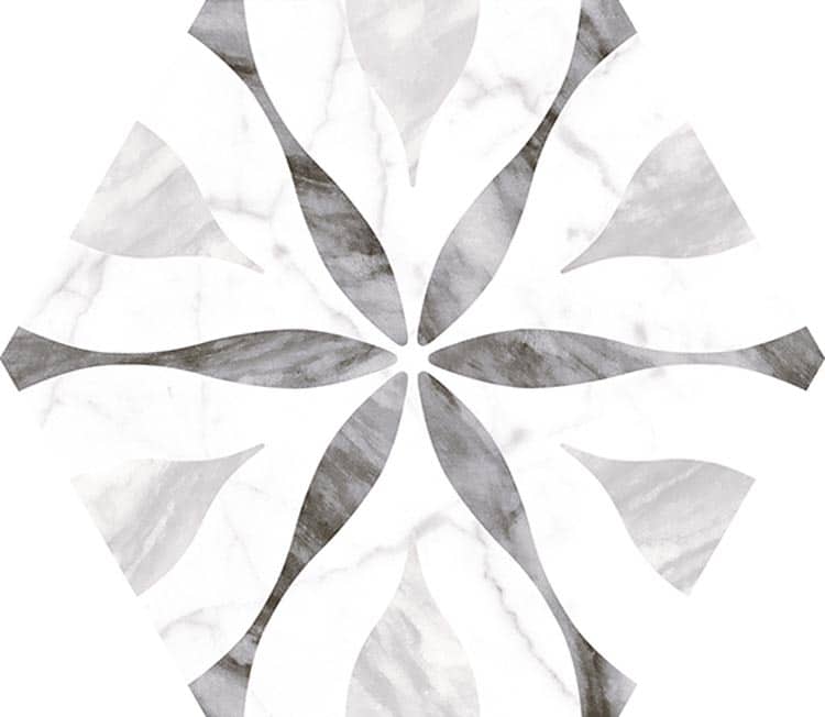 Bardiglio 8" Hex Porcelain Tile features a marbled porcelain finish with a symmetrical floral pattern of six dark gray petals and lighter gray curved segments inspired by Bardiglio marble.