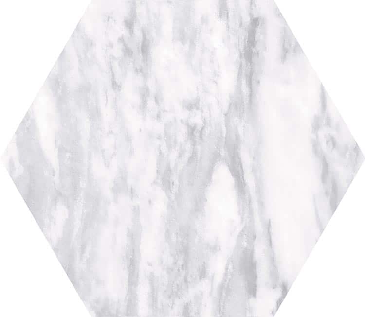 The Bardiglio 8" Hex Porcelain Tile features a white and light gray marble pattern with natural veining, crafted from marbleized porcelain for a refined, elegant look.