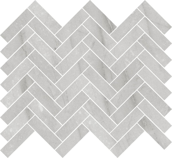 Royal Marbles II 1x3 Herringbone tiles feature a gray marble-look surface, arranged in a classic herringbone pattern with white grout lines, creating an elegant zigzag design and subtle marble-like texture.