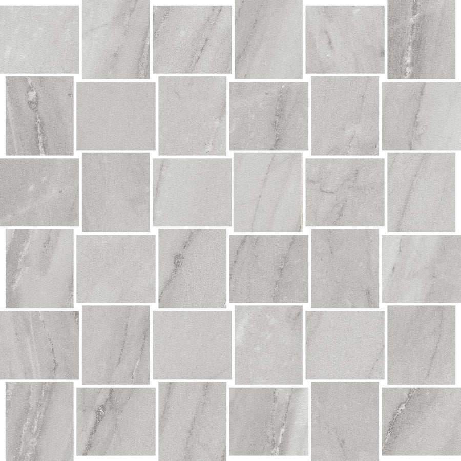 Royal Marbles II 2x2 Cestino Weave features gray square mosaic tiles with subtle veining, arranged in a staggered weave for a modern, textured surface that brings the refined elegance of marble-look porcelain.