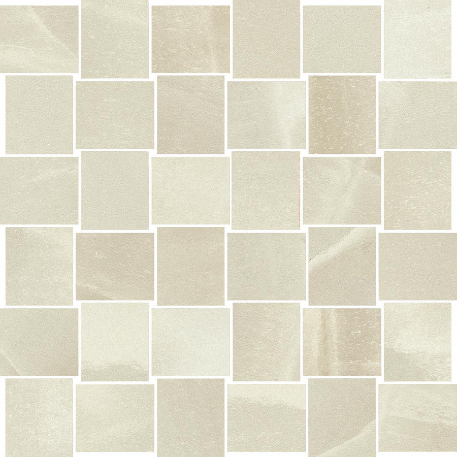 The Royal Marbles II 2x2 Cestino Weave features a grid of beige and light cream mosaic tiles in a staggered pattern, with subtle texture and shade variations that replicate the elegance of marble-look porcelain.