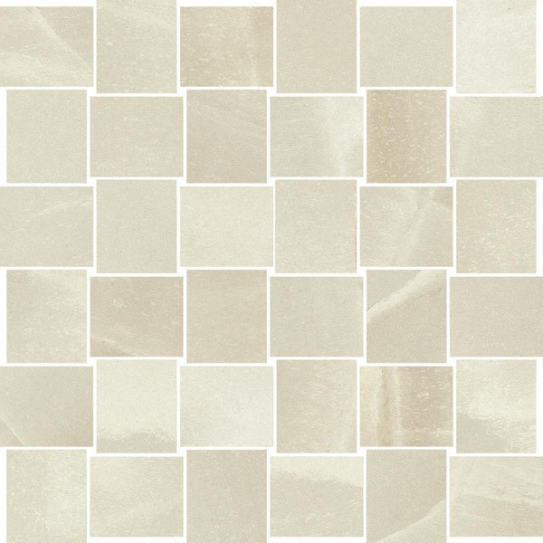 The Royal Marbles II 2x2 Cestino Weave features a grid of beige and light cream mosaic tiles in a staggered pattern, with subtle texture and shade variations that replicate the elegance of marble-look porcelain.