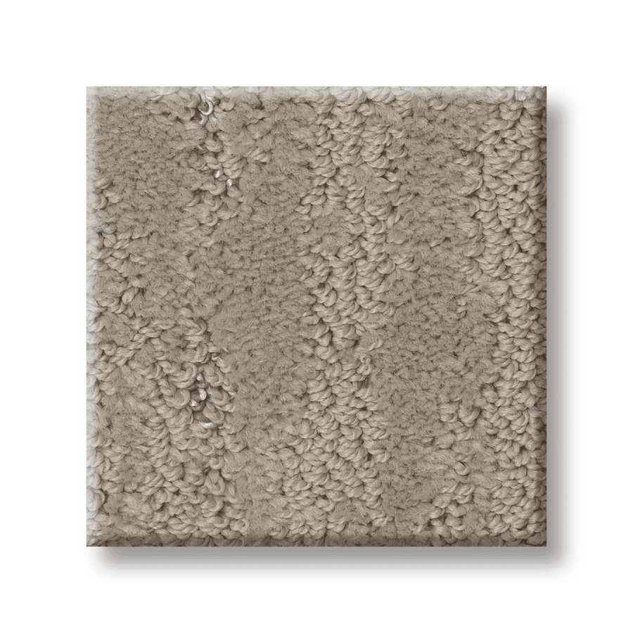Close-up of a square swatch of Tranquil Spirit Pet Friendly Carpet in beige, featuring plush looped and cut fibers with a subtle brushstroke pattern. The soft, textured surface stands out against a plain white background.