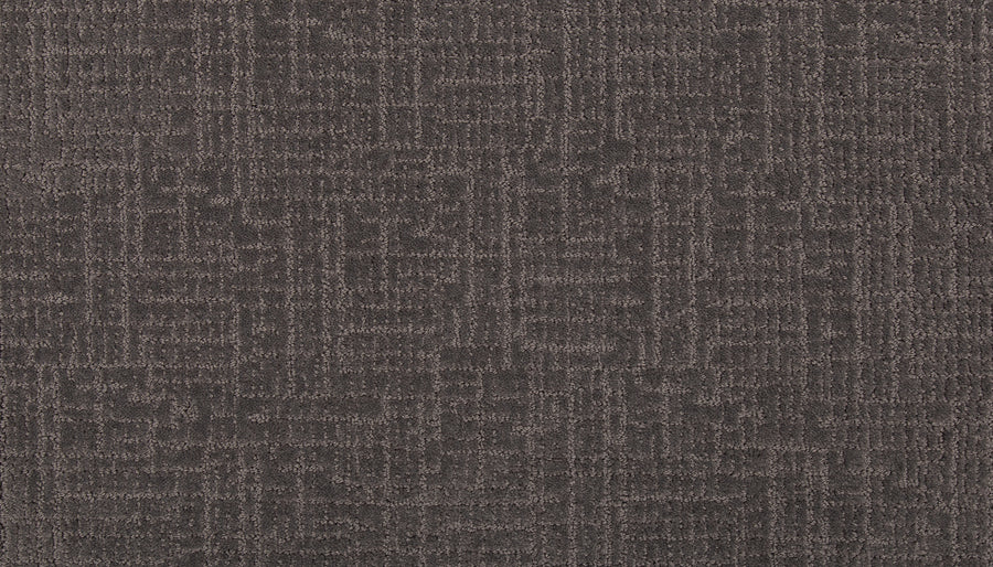 Delicate Features Family Friendly Carpet is a dark gray SmartStrand tile with a subtle grid pattern in lighter grays, offering a modern, textured look that’s stain resistant and eco-friendly.