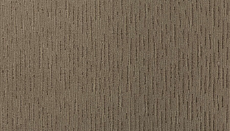 A close-up of the Clever Sensation Family Friendly Carpet shows vertical, irregular dark brown lines on a lighter brown base, giving it a subtle and stylish patterned look perfect for families.