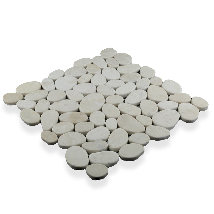 The Cobbles 11 3/4 x 11 3/4 Natural Stone tile features smooth, oval-shaped white stones placed tightly together to form a refined mosaic with a natural, textured look.