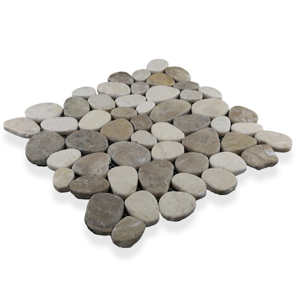The Cobbles 11 3/4 x 11 3/4 Natural Stone mat features smooth, rounded river stones in beige, gray, and white, closely arranged on a white base to create a stunning natural stone tile look.